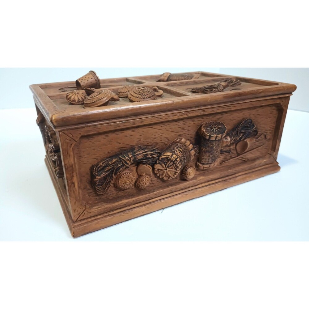 Vintag Faux Wooden Sewing Box  Resin  Carved Cottagecore 1950s With Tray * - Picture 5 of 8